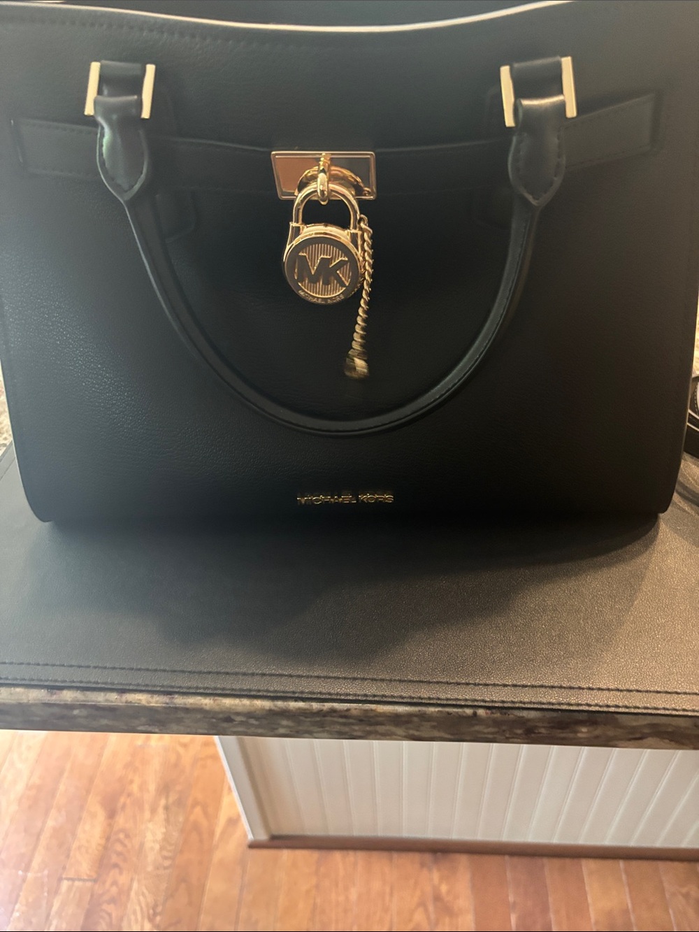 Michael Kors Black Leather Satchel with Gold Hardware Charm
